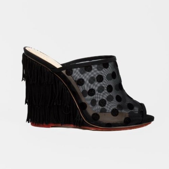Charlotte Olympia Shoes - Charlotte Olympia Black Polka Dot Fringe Wedges